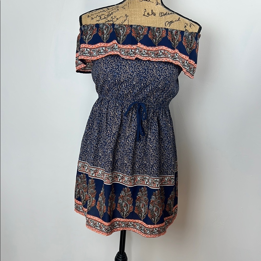 Band of Gypsies Blue Ruffle Off-Shoulder Sundress  Sz Jr Medium (0056)